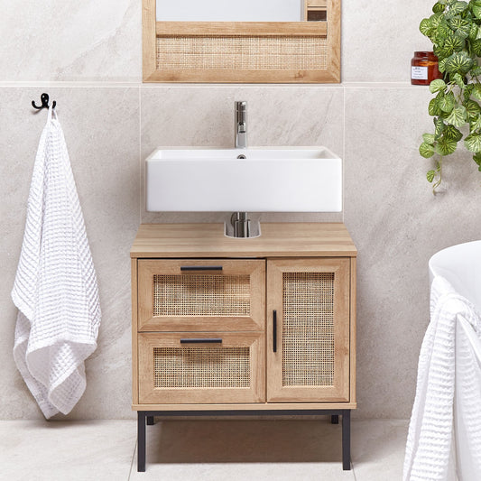 Bathroom Cabinet Light Brown 60 x 60cm Rattan Front Boho Design With Drawers And Cupboard Storage