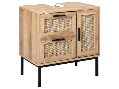 Bathroom Cabinet Light Brown 60 x 60cm Rattan Front Boho Design With Drawers And Cupboard Storage