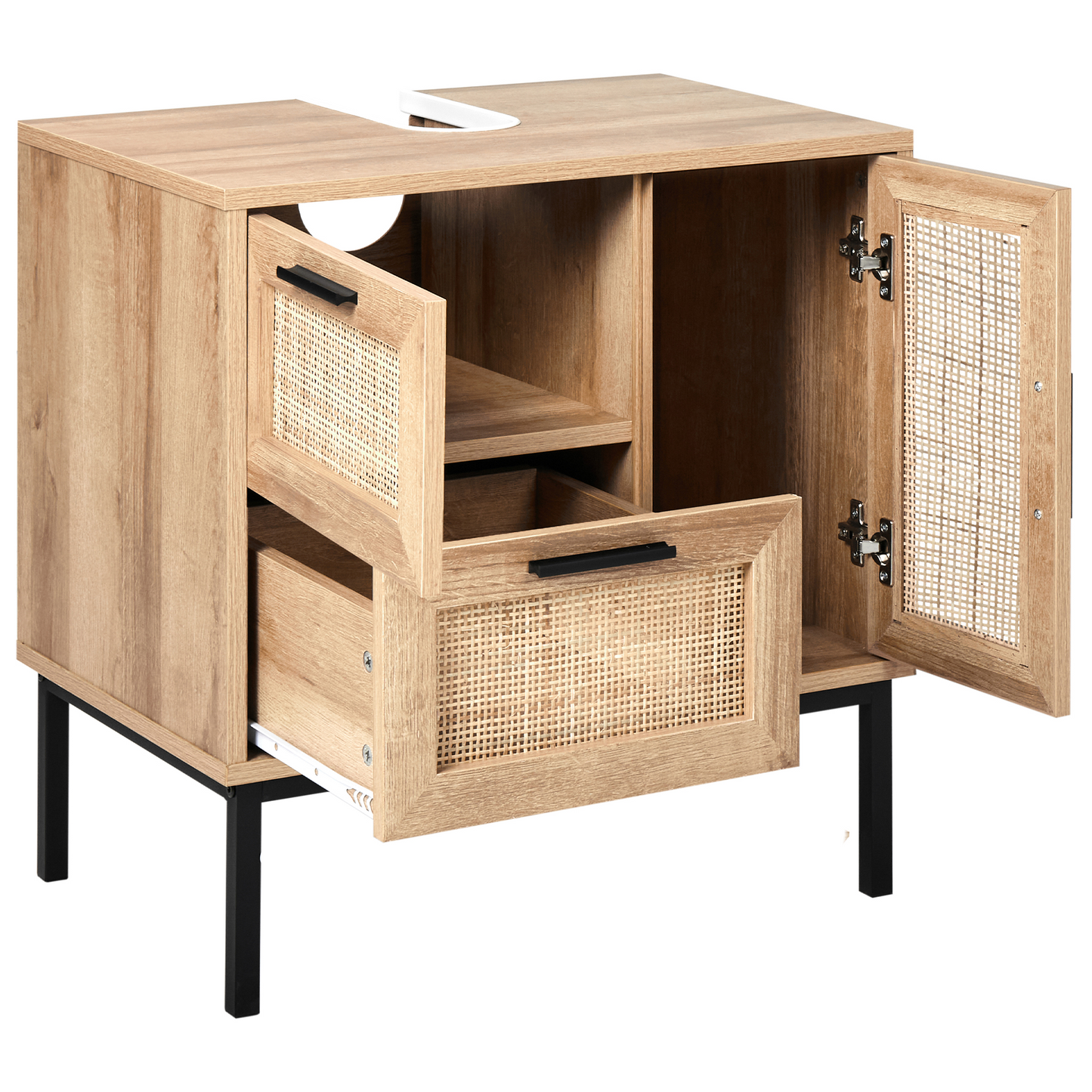 Bathroom Cabinet Light Brown 60 x 60cm Rattan Front Boho Design With Drawers And Cupboard Storage