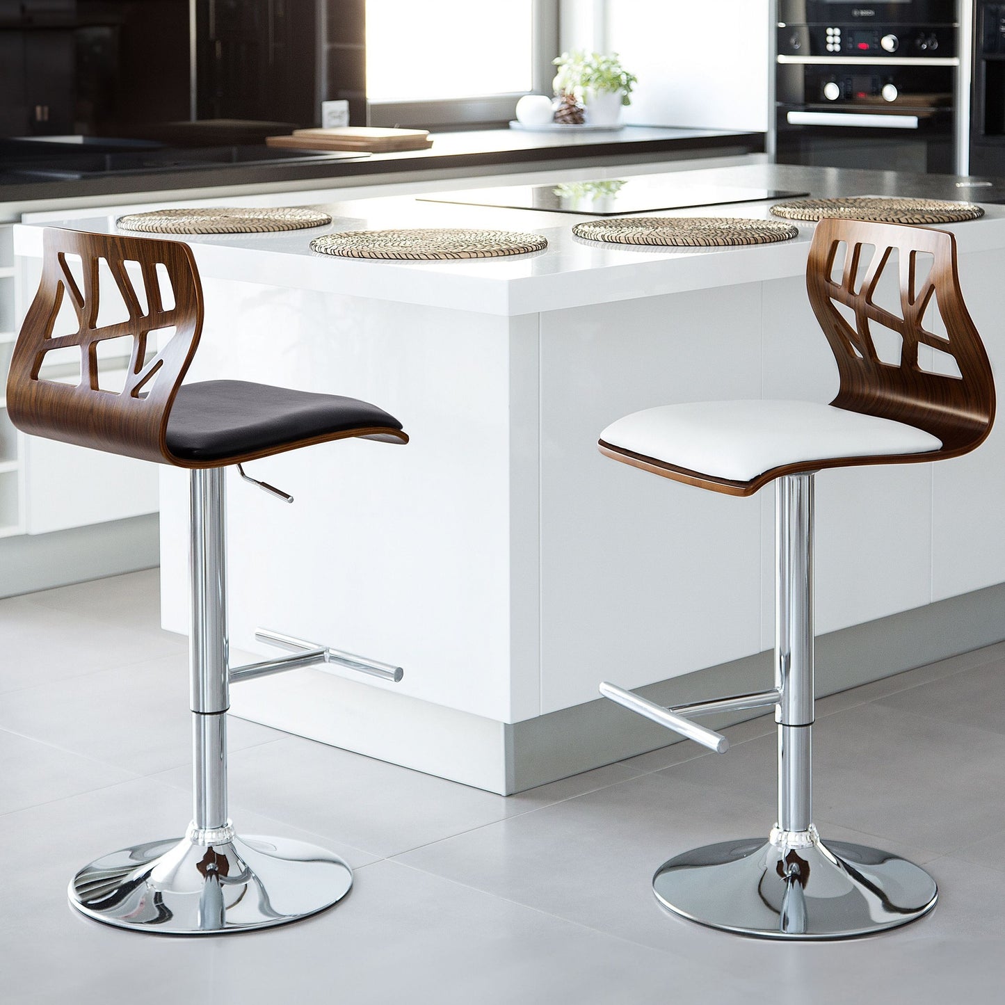2 Pc Bar Stool Set Dark Brown White Faux Leather Gas Lift