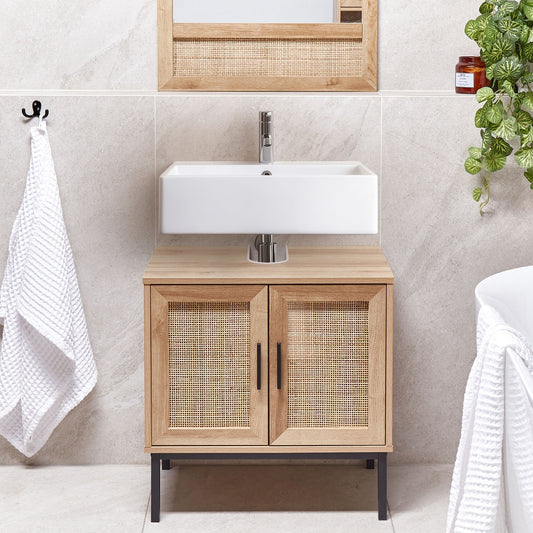 Bathroom Cabinet Light Brown Particle Board Rattan Front Braided 60 X 60cm Boho Design