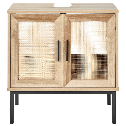 Bathroom Cabinet Light Brown Particle Board Rattan Front Braided 60 X 60cm Boho Design