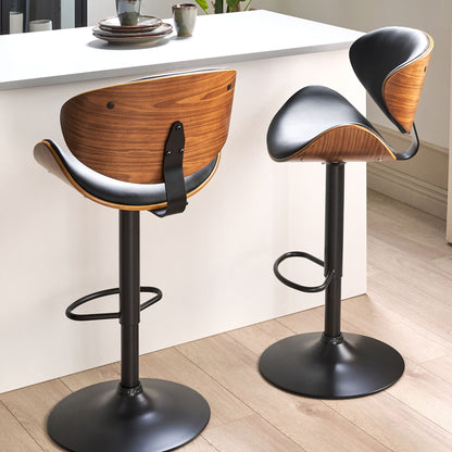 Set Of 2 Dark Wood Bar Stools Black Faux Leather Adjustable