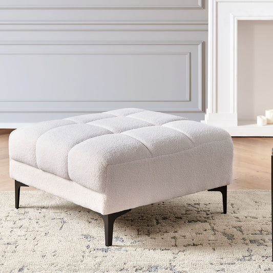 Ottoman White Boucle 80 x 88 x 41cm Tufted Footstool Sofa End for Living Room Decor
