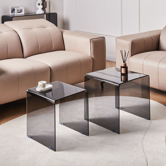 Nest Of 2 Side Tables Black Rectangular Glass Minimalist