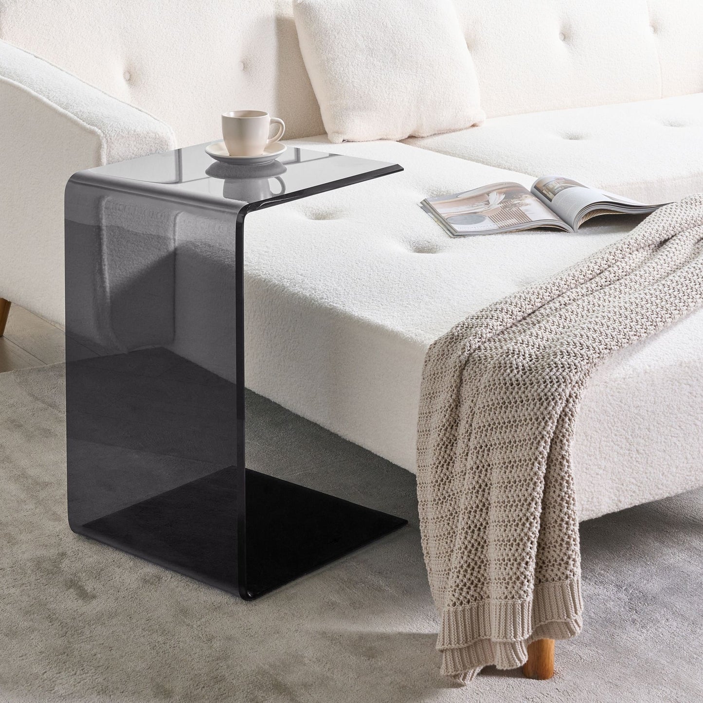 Cantilever Side End Table Semi Transparent Black Glass 40 x 61 Centimeters Modern Minimalist