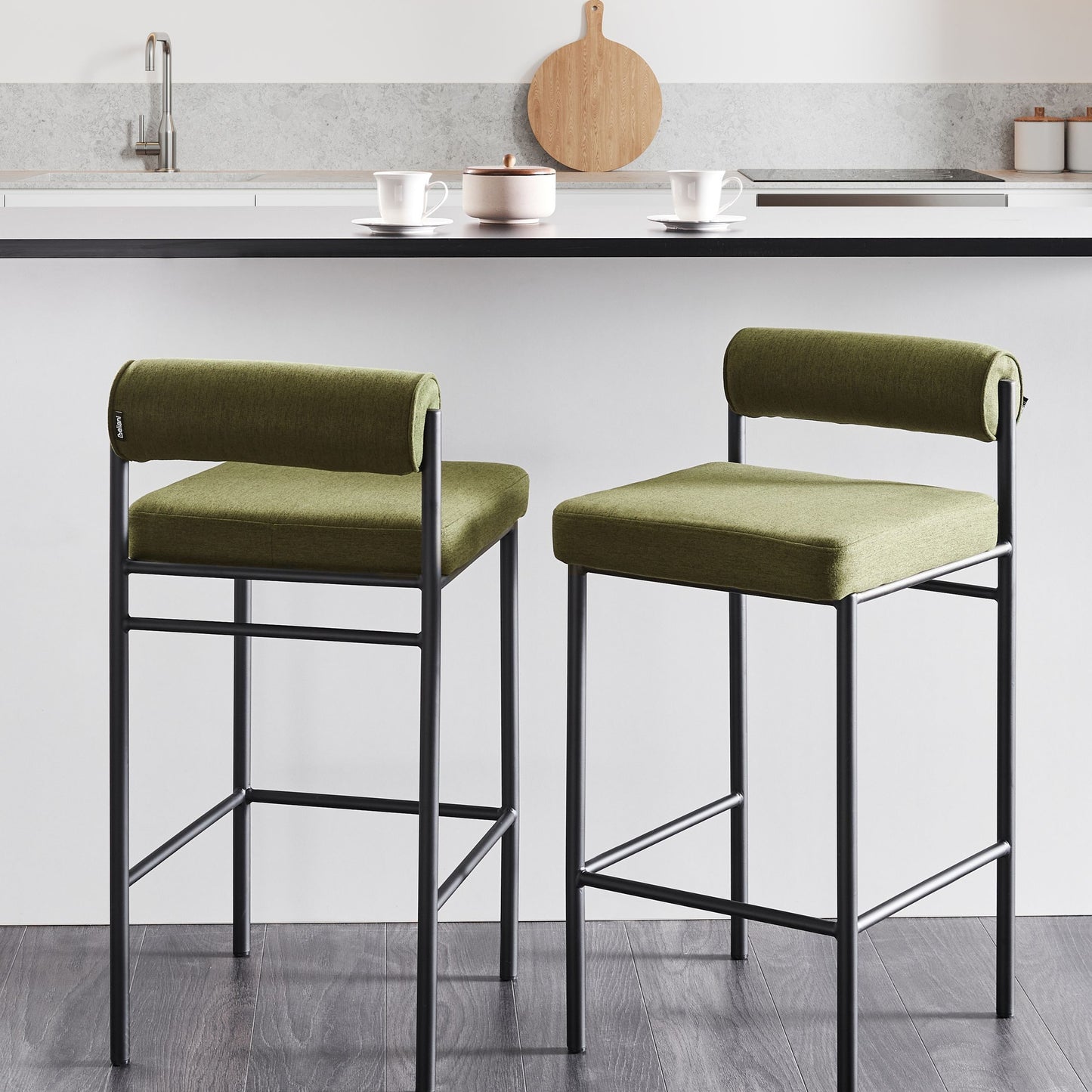 Set Of 2 Bar Chairs Green Polyester Upholstery Black Metal Legs Roll Backrest