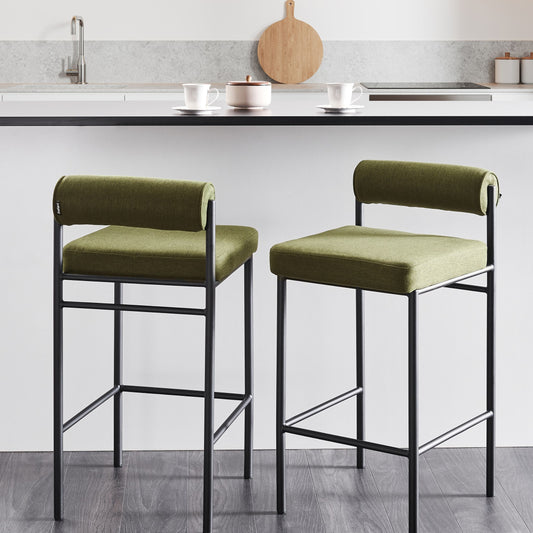 Set Of 2 Bar Chairs Green Polyester Upholstery Black Metal Legs Roll Backrest