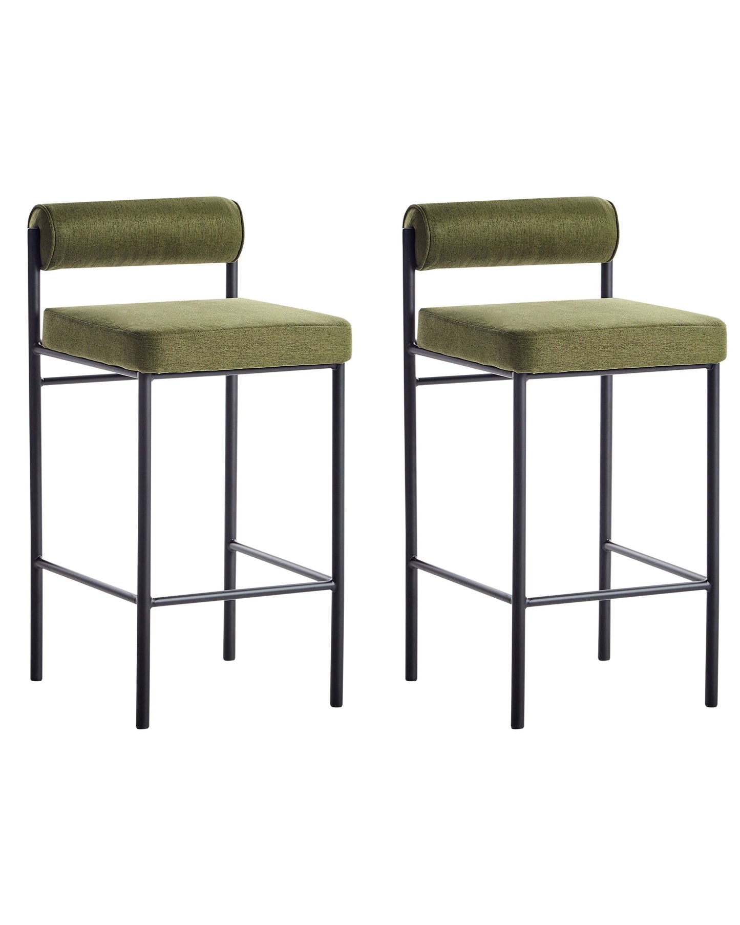 Set Of 2 Bar Chairs Green Polyester Upholstery Black Metal Legs Roll Backrest