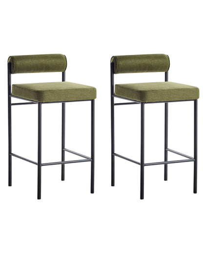 Set Of 2 Bar Chairs Green Polyester Upholstery Black Metal Legs Roll Backrest