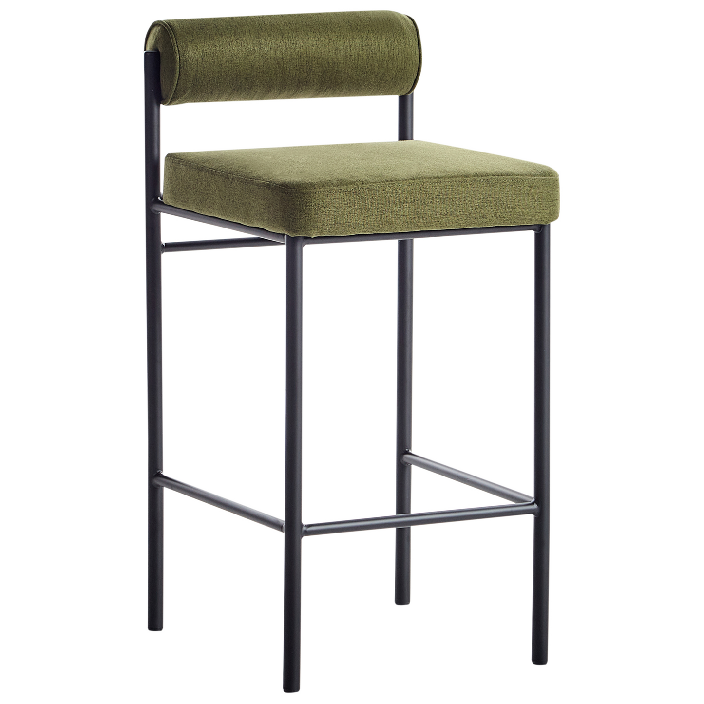 Set Of 2 Bar Chairs Green Polyester Upholstery Black Metal Legs Roll Backrest