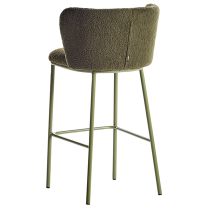 Set Of 2 Dark Green Boucle Bar Chairs With Black Metal Legs Armless Curved Backrest Modern Dining Stools