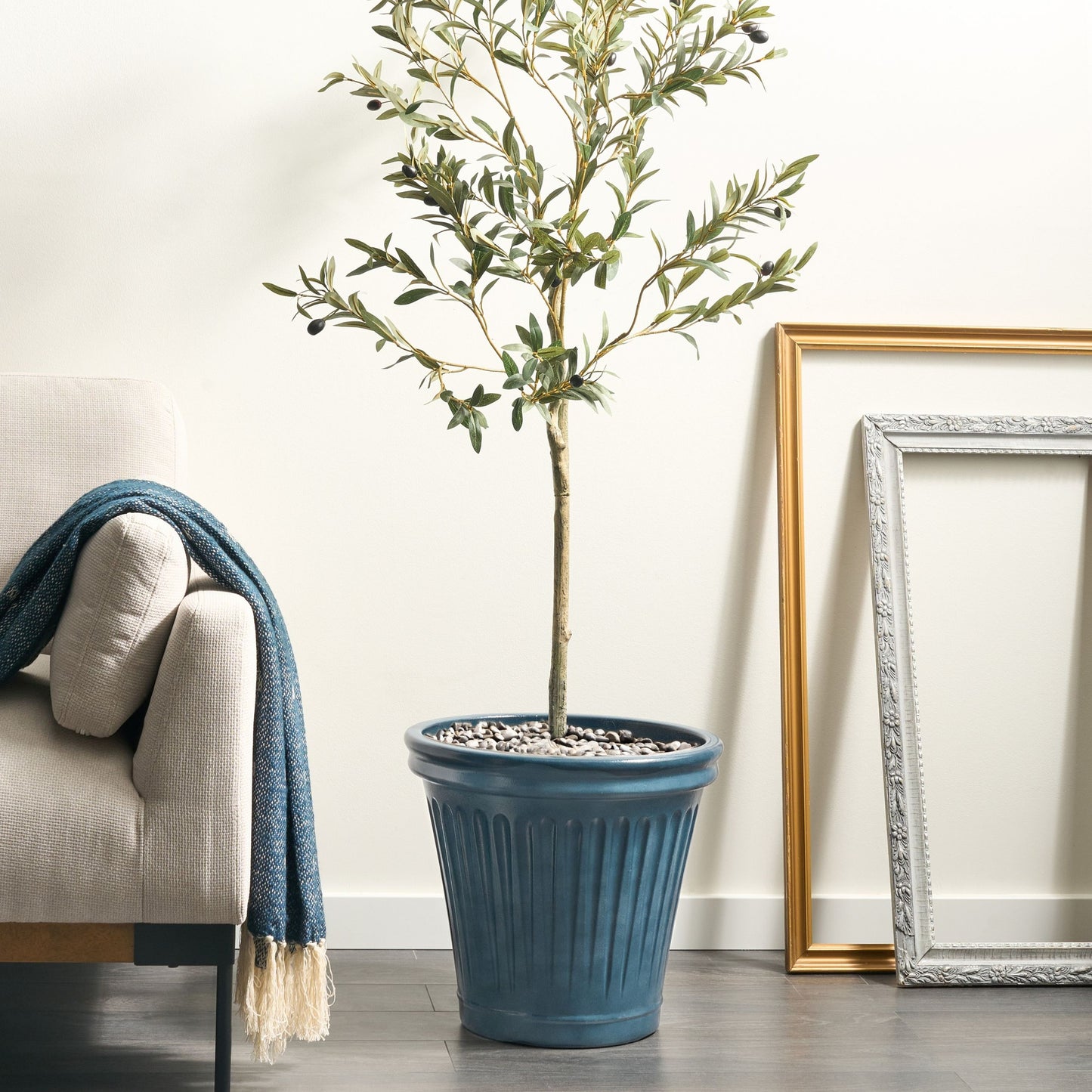 Blue Polyresin Flower Pot 43cm Round Glazed Finish Indoor Outdoor Use Drainage Hole Ready