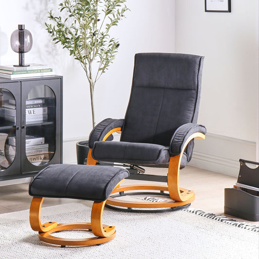 Black Recliner Armchair with Footstool, Polyester Upholstery, Wooden Frame, Heating and Massage Functions, Retro Design for Ultimate Comfort
