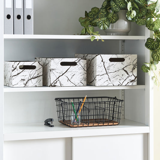 Set of 3 White Faux Leather Marble Storage Baskets