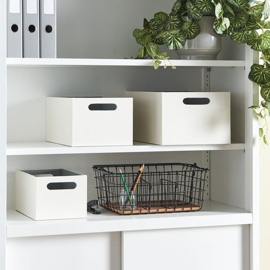 Beige Faux Leather Storage Baskets Set Of 3 With Handles For Shelves And Home Organization