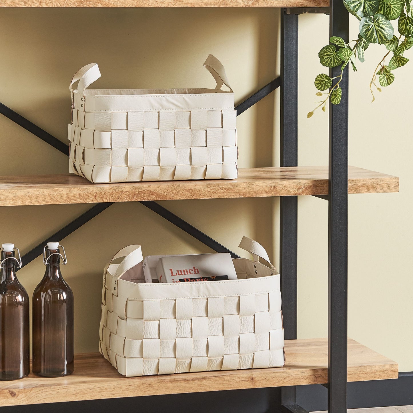 Set of 2 Beige Handmade Faux Leather Baskets with Handles