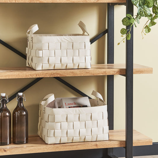 Set of 2 Beige Handmade Faux Leather Baskets with Handles
