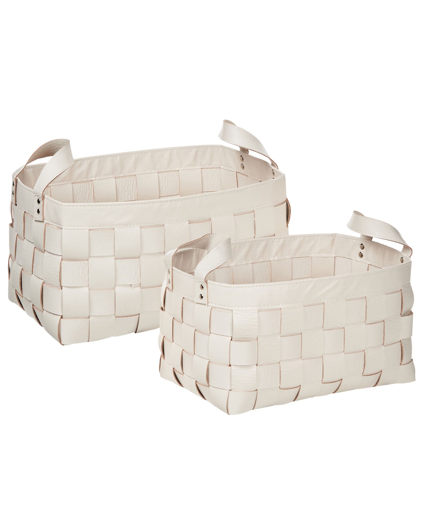 Set of 2 Beige Handmade Faux Leather Baskets with Handles