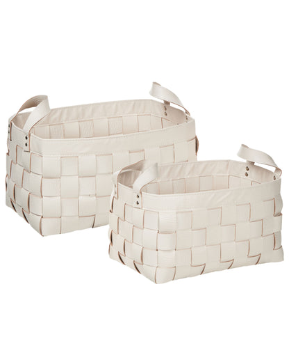 Set of 2 Beige Handmade Faux Leather Baskets with Handles