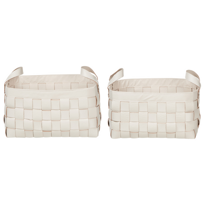 Set of 2 Beige Handmade Faux Leather Baskets with Handles