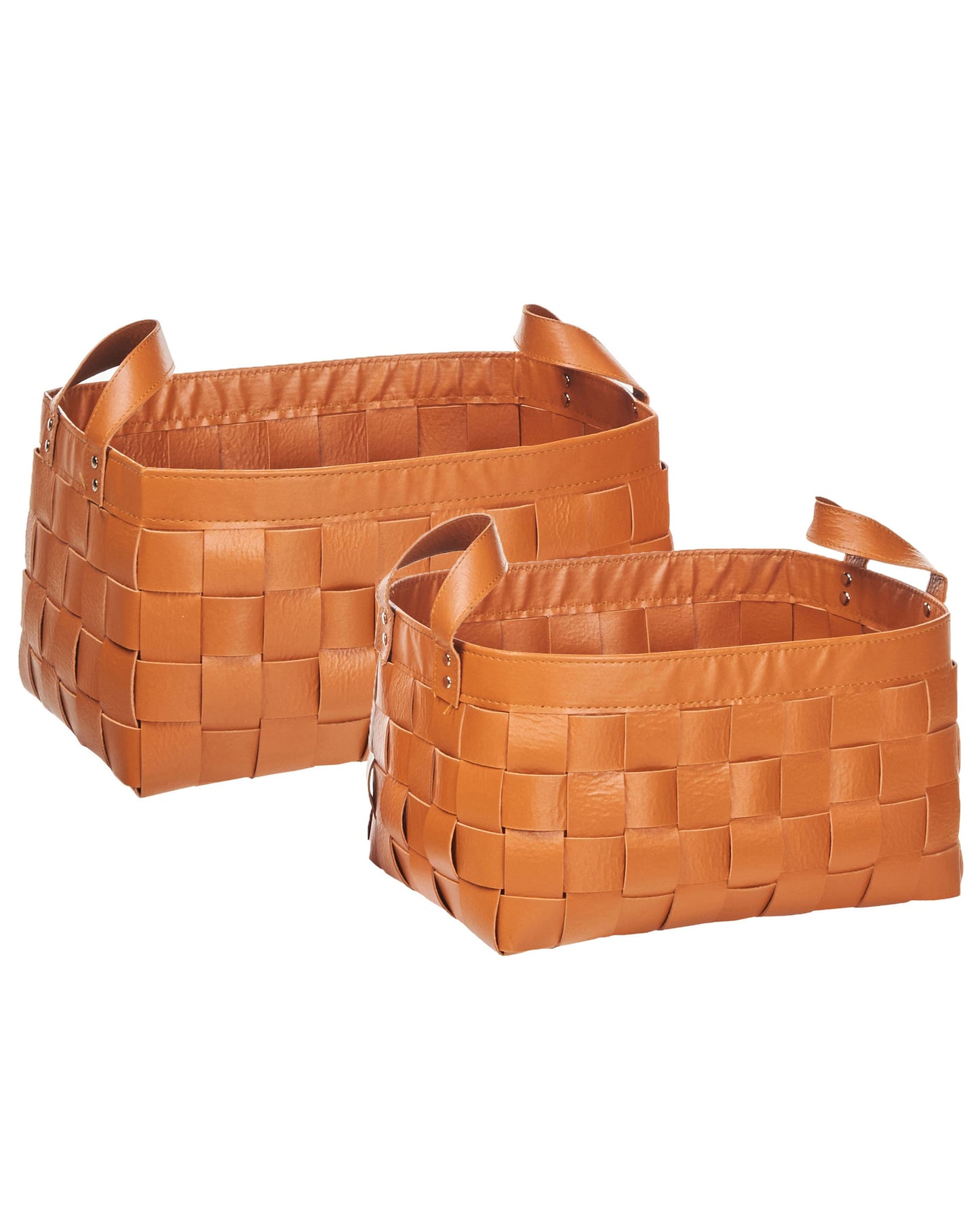Set Of 2 Golden Brown Handmade Faux Leather Storage Baskets With Handles For Shelving