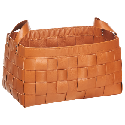 Set Of 2 Golden Brown Handmade Faux Leather Storage Baskets With Handles For Shelving