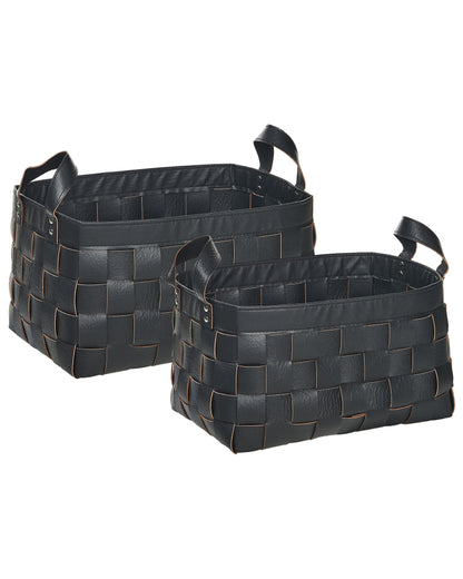 Elysian Home Set Of 2 Black Faux Leather Storage Baskets Handmade With Handles Retro Design