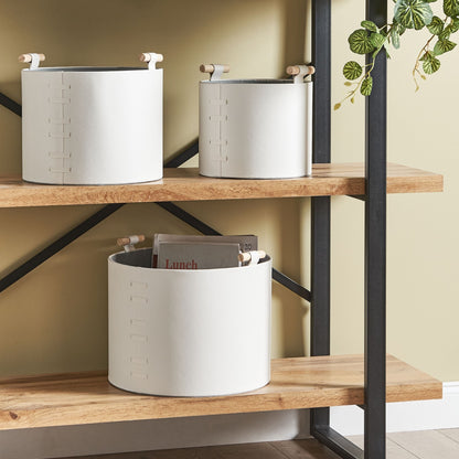 3-Piece Off-White Faux Leather Storage Baskets With Handles