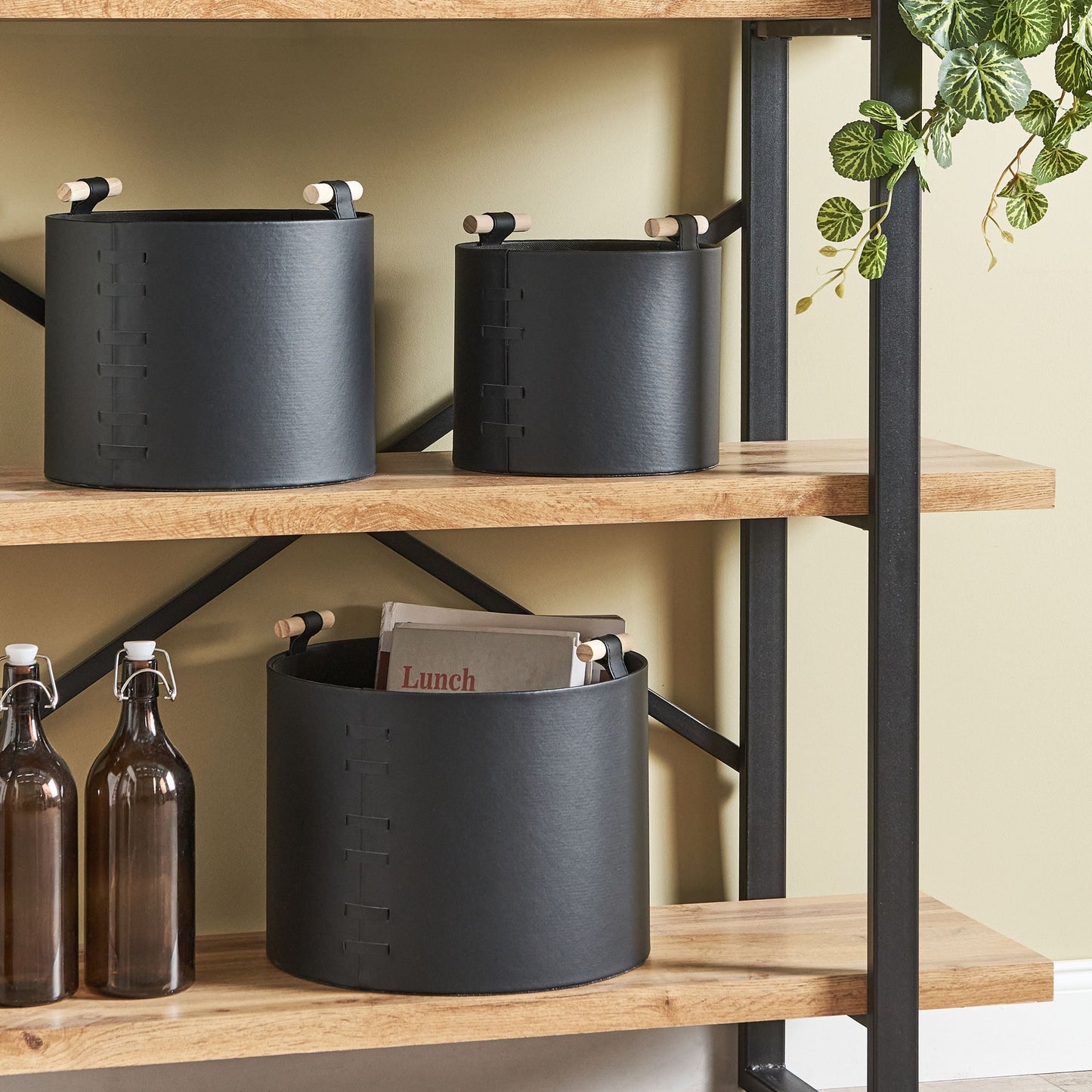 Everhome Faux Leather Storage Baskets Set of 3 with Handles Black