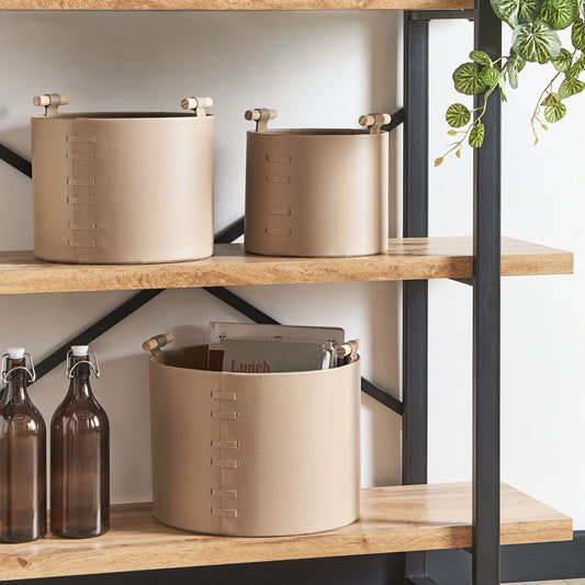 3 Beige Faux Leather Storage Baskets With Handles