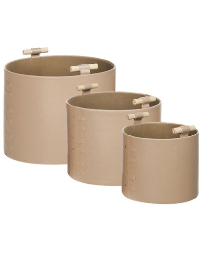 3 Beige Faux Leather Storage Baskets With Handles