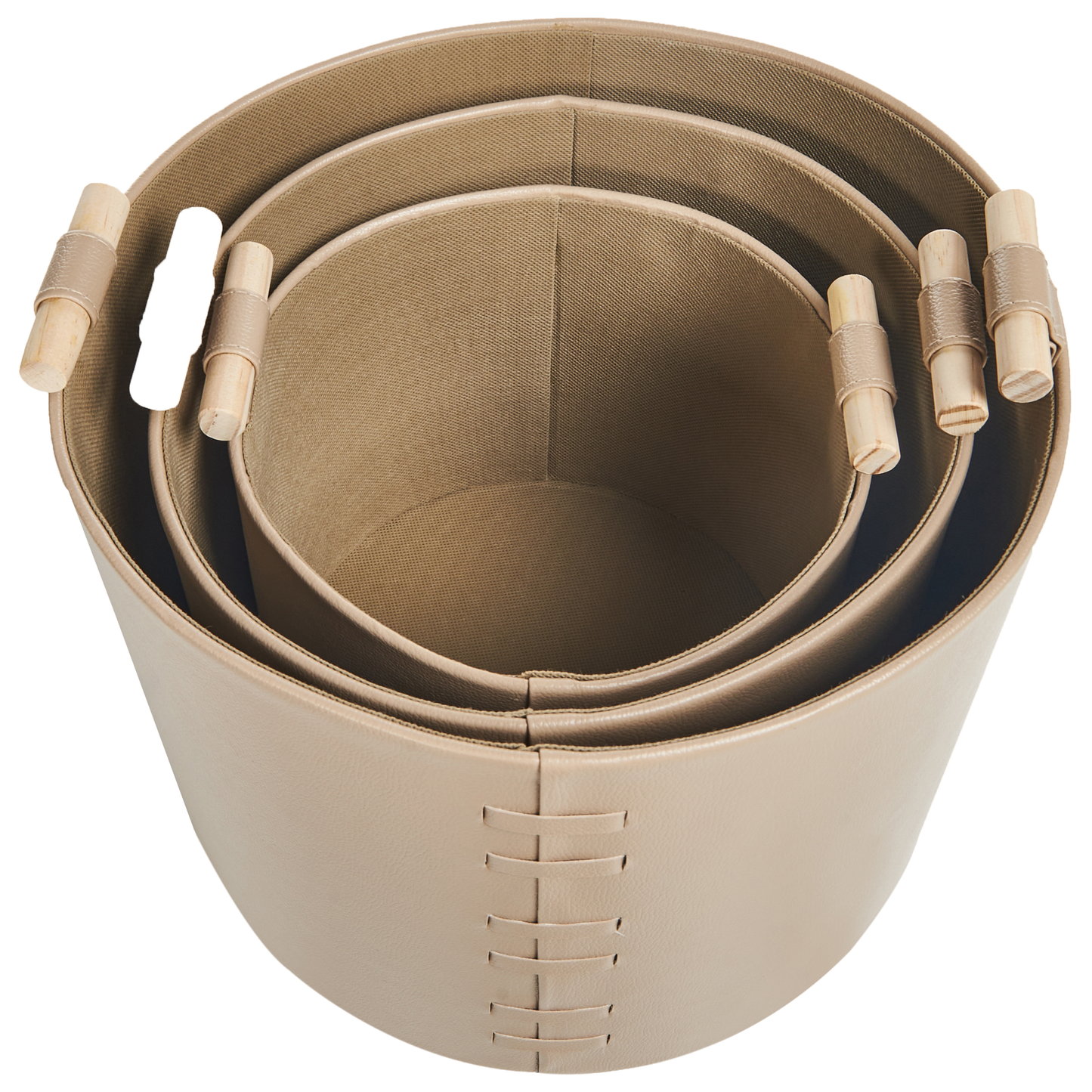 3 Beige Faux Leather Storage Baskets With Handles
