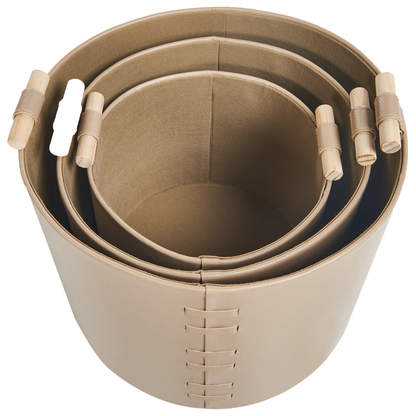 3 Beige Faux Leather Storage Baskets With Handles