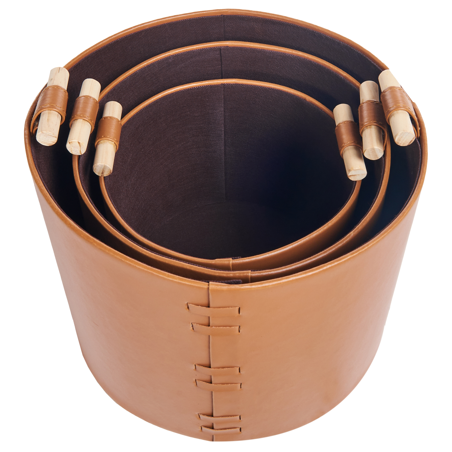 Trio Handmade Baskets Brown Faux Leather with Handles