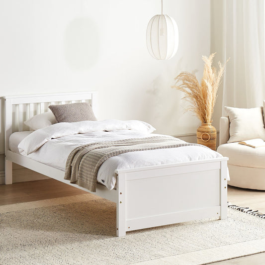 PineLane Bed Frame White Pine Wood Single 3Ft Headboard Minimalist