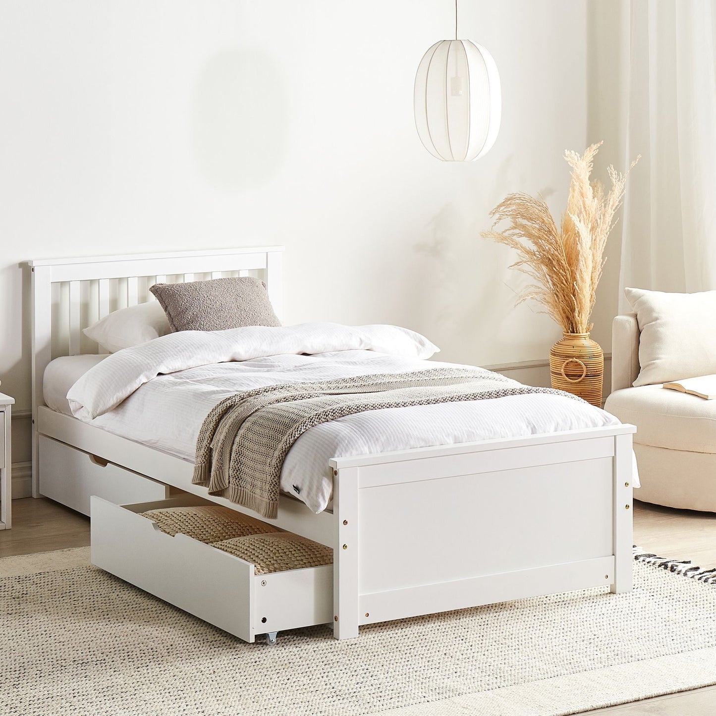 PineCraft Bed Frame White Pine Wood With Two Drawers Storage EU Single 3ft Headboard Minimalist