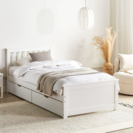 NordicNest Bed Frame White Pine Wood MDF Storage 4 Drawers EU 3ft