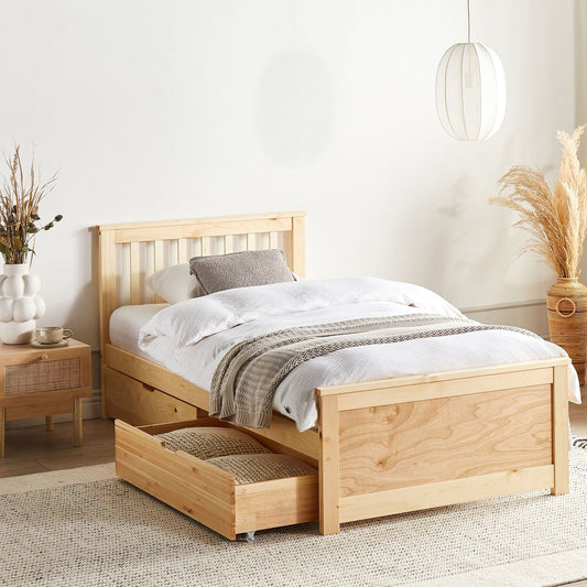 PineLux Bed Frame Light Brown Pine Wood EU Single 3ft 2 Drawers