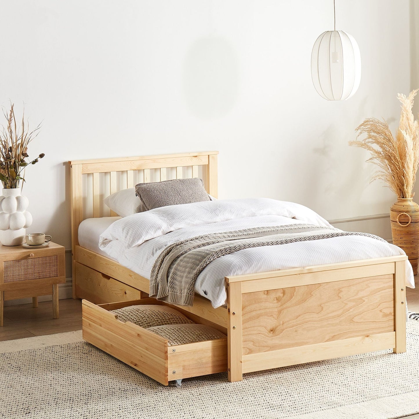 Everwood Bed Frame Light Brown Pine Wood 4 Drawer Storage Single 3Ft