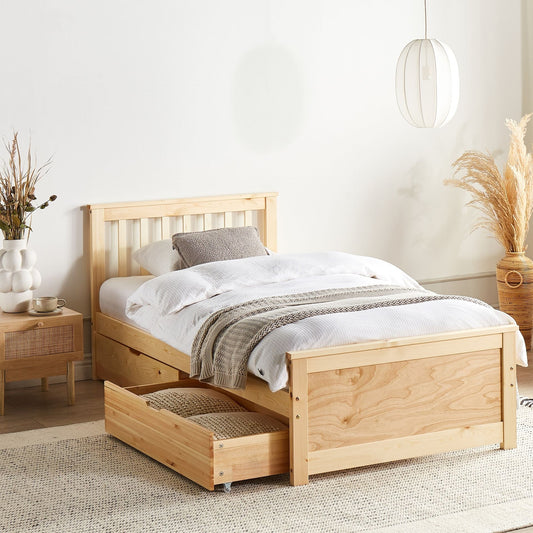 Everwood Bed Frame Light Brown Pine Wood 4 Drawer Storage Single 3Ft