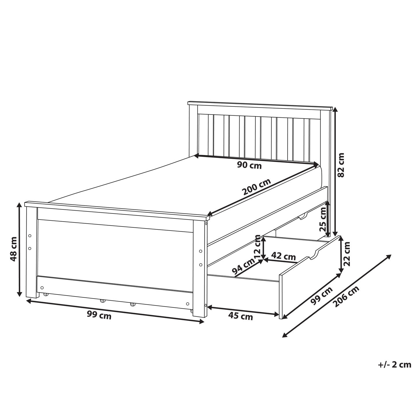 NordicNest Bed Frame White Pine Wood MDF Storage 4 Drawers EU 3ft