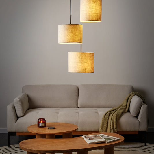 Three Light Hanging Pendant Beige Linen Shade Modern Design