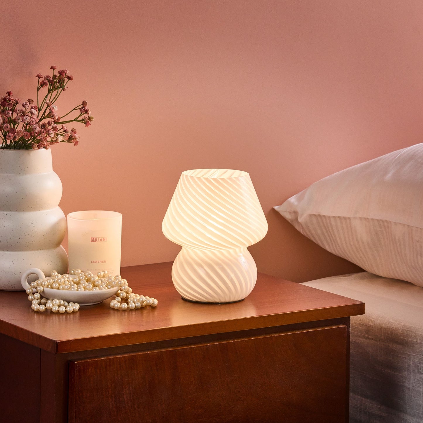 Home Modern Table Lamp Bedside White Glass Round Base With Cable For Elegant Bedrooms