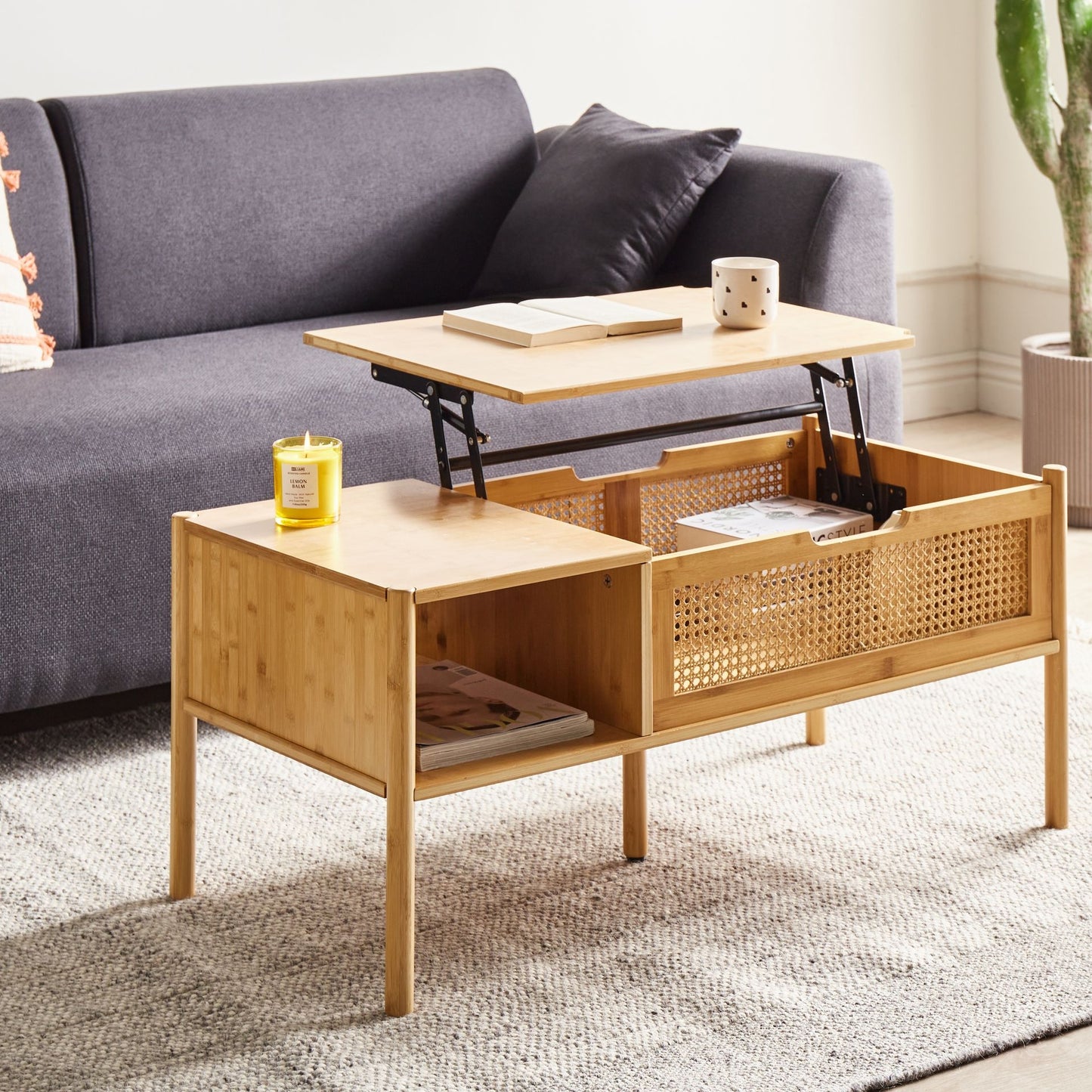 Coffee Table Bamboo Rattan 99 x 48cm with Storage