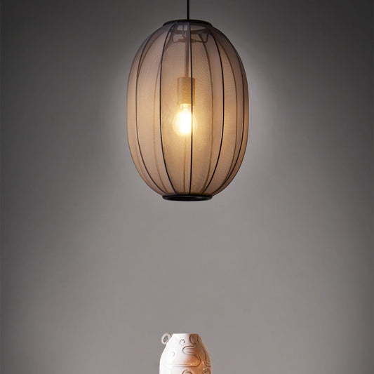 Hanging Pendant Lamp Black Nylon Shade Oval Pleated Diffused Light For Modern Living Rooms