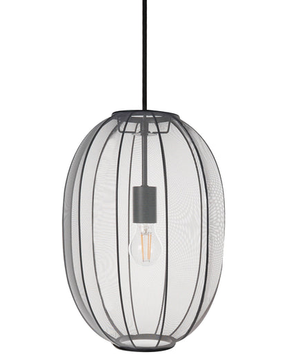 Hanging Pendant Lamp Black Nylon Shade Oval Pleated Diffused Light For Modern Living Rooms