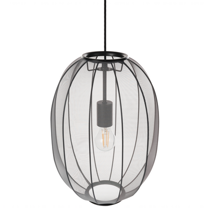 Hanging Pendant Lamp Black Nylon Shade Oval Pleated Diffused Light For Modern Living Rooms