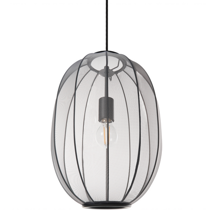 Hanging Pendant Lamp Black Nylon Shade Oval Pleated Diffused Light For Modern Living Rooms