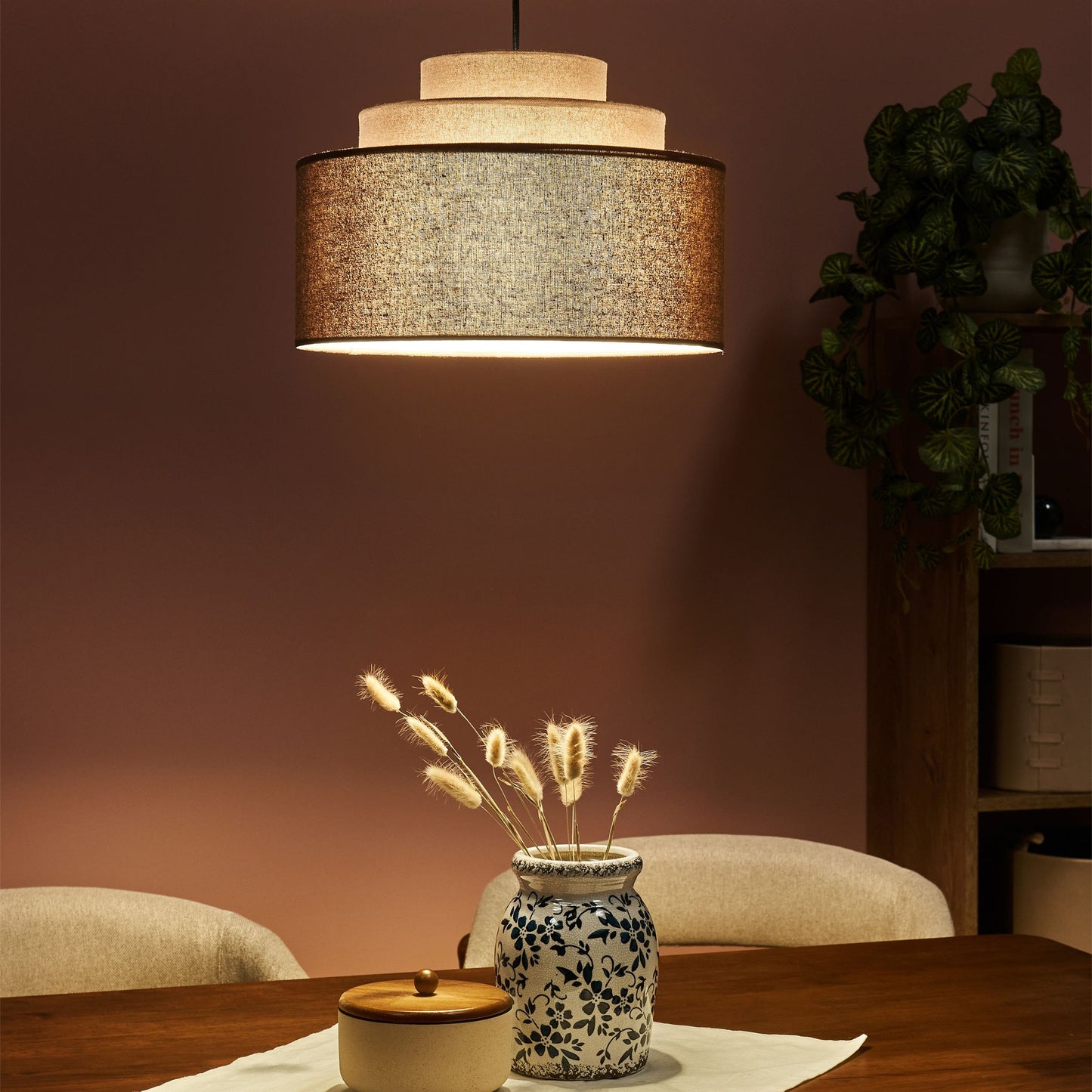 Hanging Pendant Lamp Brown Linen Shade Modern Tiered Design For Living Room
